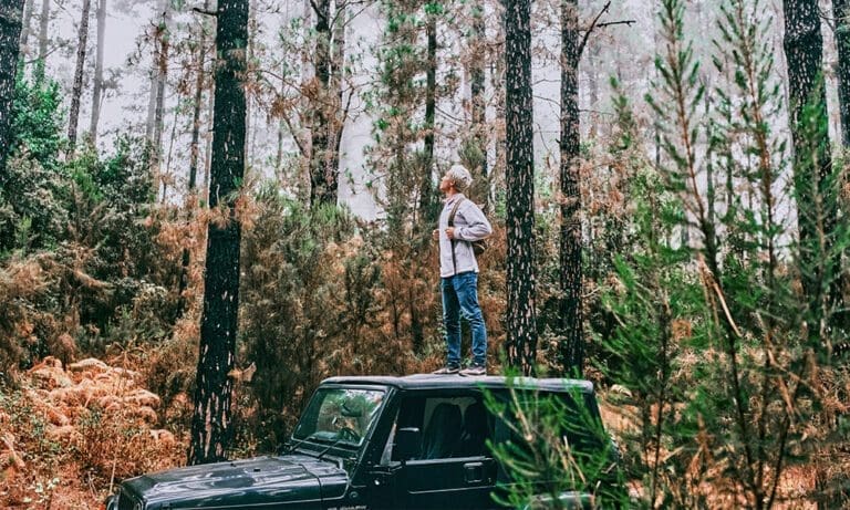 man standing on car in the woods